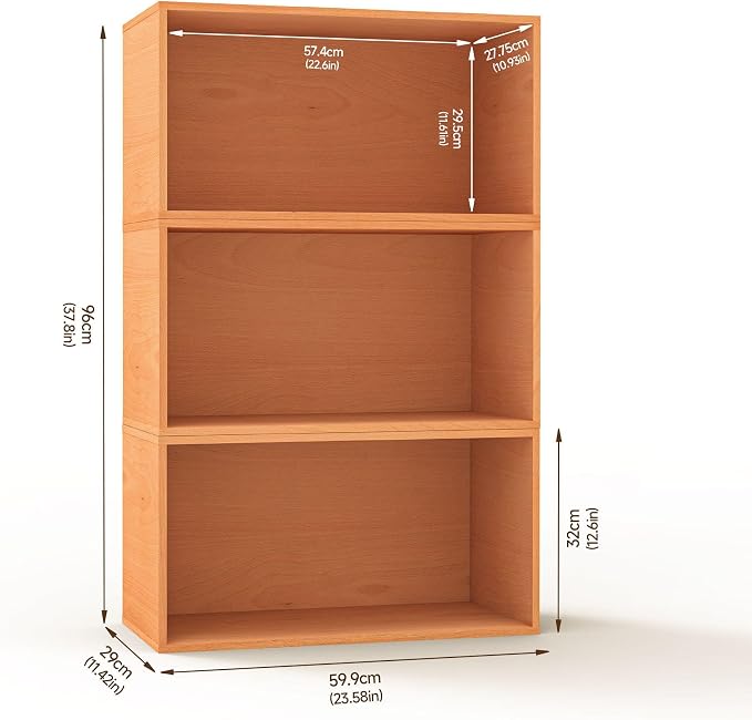 3 Cube Organizer Bookcase, Expandable Storage Shelves, Wooden Open Shelving Unit Book Shelf for Living Room, Office, Bedroom, Mid-Century Style Wood Furniture, Basswood Color (1 Set)