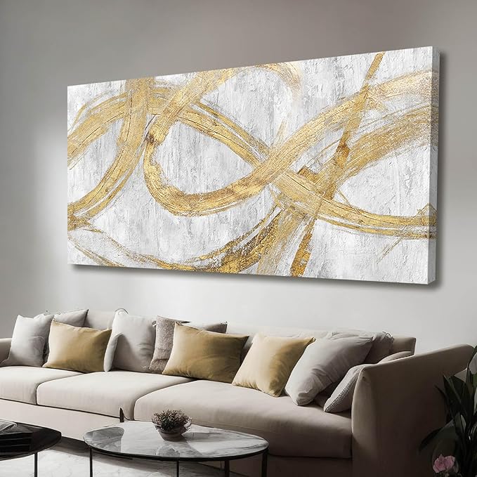 VAYIMDH Decorative Wall Art Line Painting Prints on Canvas White Living Room Wall Decor 24"x 48" Abstract Artwork Gold Picture Wall Decor for Bedroom