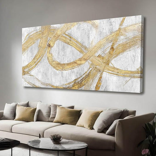 VAYIMDH Decorative Wall Art Line Painting Prints on Canvas White Living Room Wall Decor 24"x 48" Abstract Artwork Gold Picture Wall Decor for Bedroom