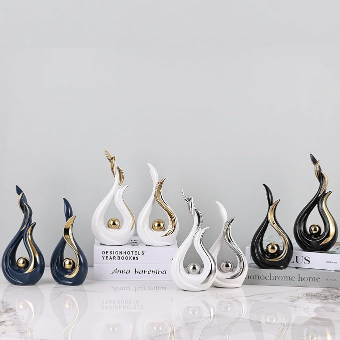 2PCS Abstract Flame Ceramic Sculpture Set – Modern Figurines for Living Room Table Centerpiece, Dining Table Decor, Bedroom Table Decor, Shelf Sculpture, Fireplace, and Home Decoration (White Silver)