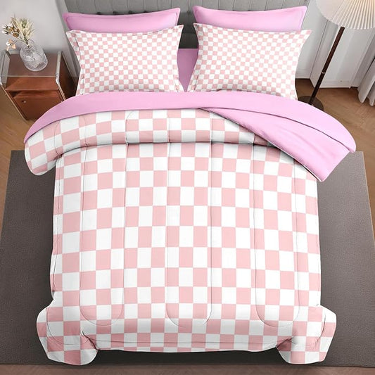 7Pcs Comforter Set King Size, Light Pink Checkered Plaid Girly, Bedding Decor Cute Gingham Checkerboard Geometric Bedroom Bed Set Flat Sheet Fitted Sheet Pillowcases Shams for Kids Adults