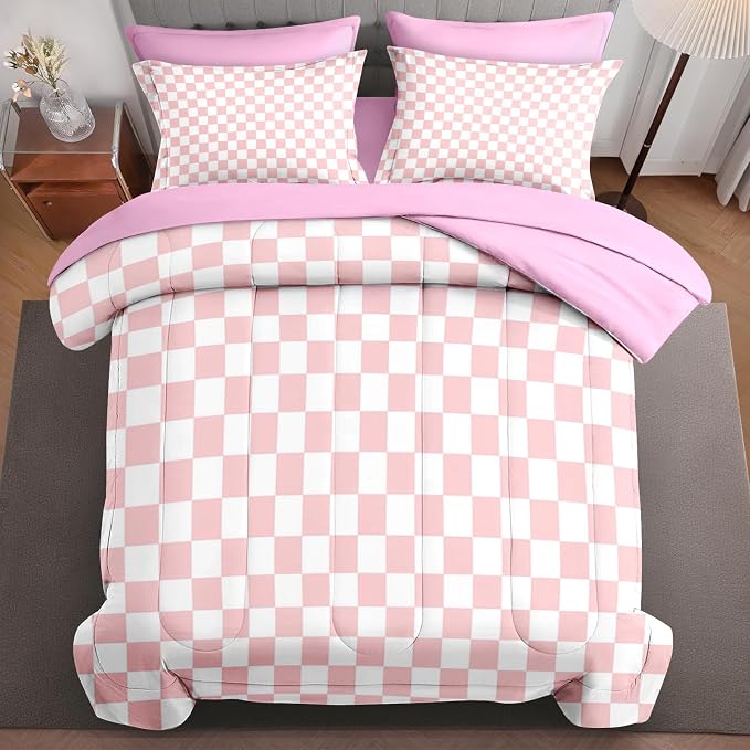 5Pcs Comforter Set Twin Size, Light Pink Checkered Plaid Girly, Bedding Decor Cute Gingham Checkerboard Geometric Bedroom Bed Set Flat Sheet Fitted Sheet Pillowcases Shams for Kids Adults