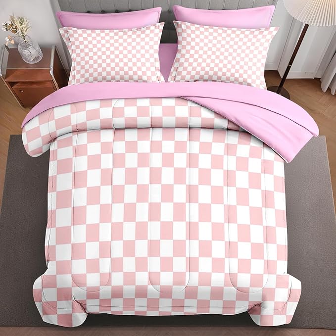 7Pcs Comforter Set Queen Size, Light Pink Checkered Plaid Girly, Bedding Decor Cute Gingham Checkerboard Geometric Bedroom Bed Set Flat Sheet Fitted Sheet Pillowcases Shams for Kids Adults