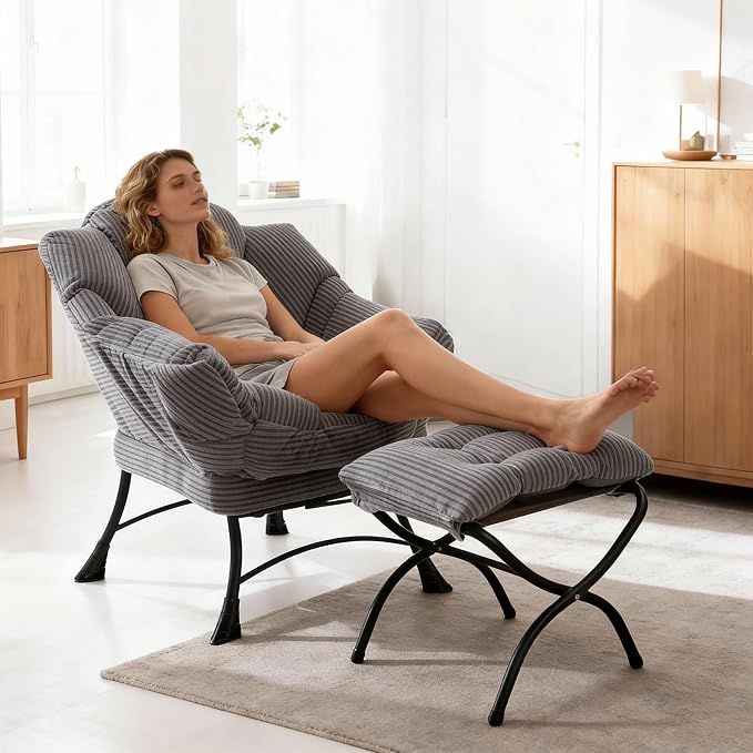 Lazy Chair with Ottoman, Oversized Comfy Accent Chair, 400LBS Heavy Duty Metal Frame, Thick Cushion Corduroy Lounge Chair for Living Room Bedroom Reading, Dark Gray