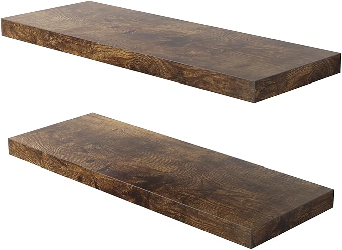 Floating Shelf, Set of 2 Wall Shelf, 24 in W x 12.75 in D x 2 in H Wooden Floating Wall Shelf with Invisible Brackets for Living Room/Bedroom/Bathroom/Kitchen Storage and Decor, Rustic Brown