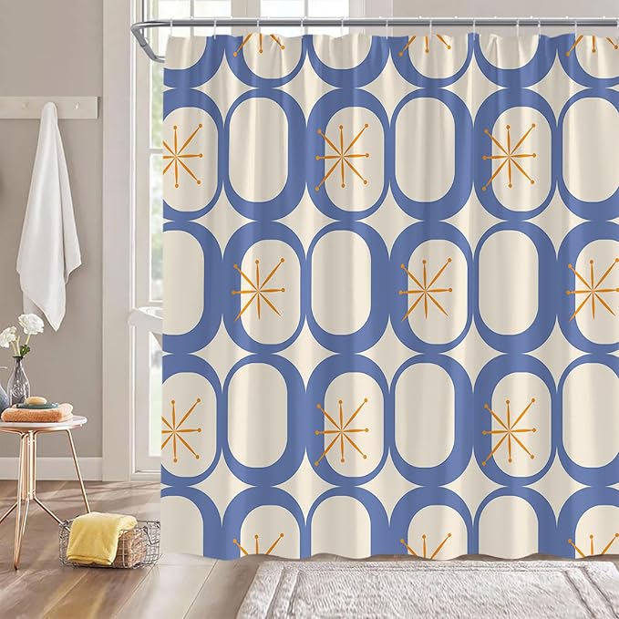 Mid Century Modern Extra Long Shower Curtain Abstract Atomic Geometric Round Squares Retro 50s Blue Fabic with Hooks for Bathroom Decor,70x75 Inch