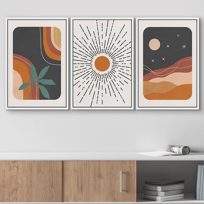 wall26 Framed Canvas Print Wall Art Set Boho Mid-Century Colorful Sun Moon Landscapes Nature Abstract Illustrations Modern Art Bohemian Decorative for Living Room, Bedroom, Office - 24"x36"x3 White