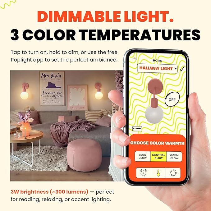 Wireless Wall Sconce (Shark Tank) Rechargeable & Dimmable LED Light w/App Control & Damage-Free Install, Moveable Modern Ambient Lighting for Elegant Home & Bedroom Decor | Dusty Rose