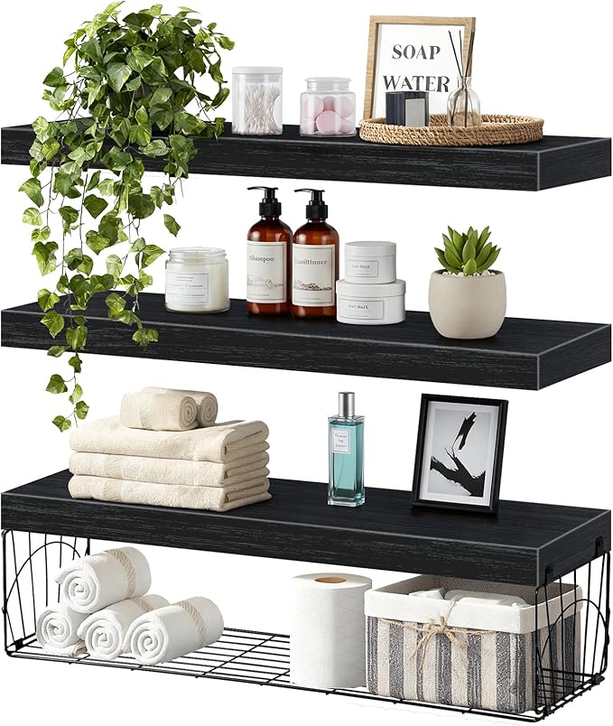 3 Pack Bathroom Shelves 24 inches Long Over Toilet, Wall Mounted Rustic Wood Floating Shelves for Bathroom, Toilet Paper Storage, Small Farmhouse Decor Hanging Shelf for Living Room, Kitchen, Black