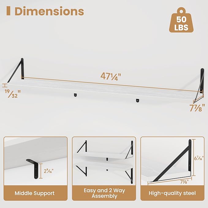 Heimlove Floating Book Shelves for Wall,47.2 Inches Long Wall Mounted Bookshelves,Heavy Duty Bracket Shelves for Living Room Kitchen,Laundry Room Storage & Decor,Set of 3,White