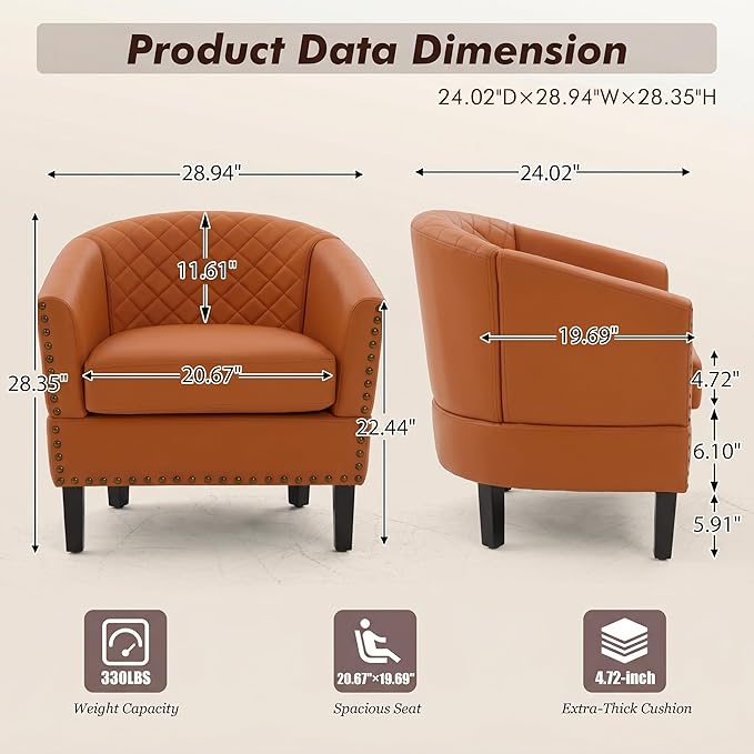QQU Barrel Accent Chair, Retro PU Leather Club Chair with Nail-Heads, Upholstered Armchair for Living Room, Bedroom, Waiting, Office (Orange)