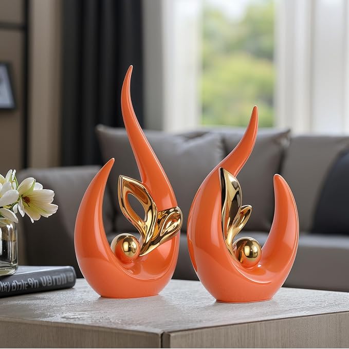 Orange Gold Home Decor Accent,Abstract Ceramic Statue and Sculptures for Living Room,Mid Century Modern Decor for Desktop Bookshelf tv Stand Fireplace Coffee Table Centerpieces Decorations