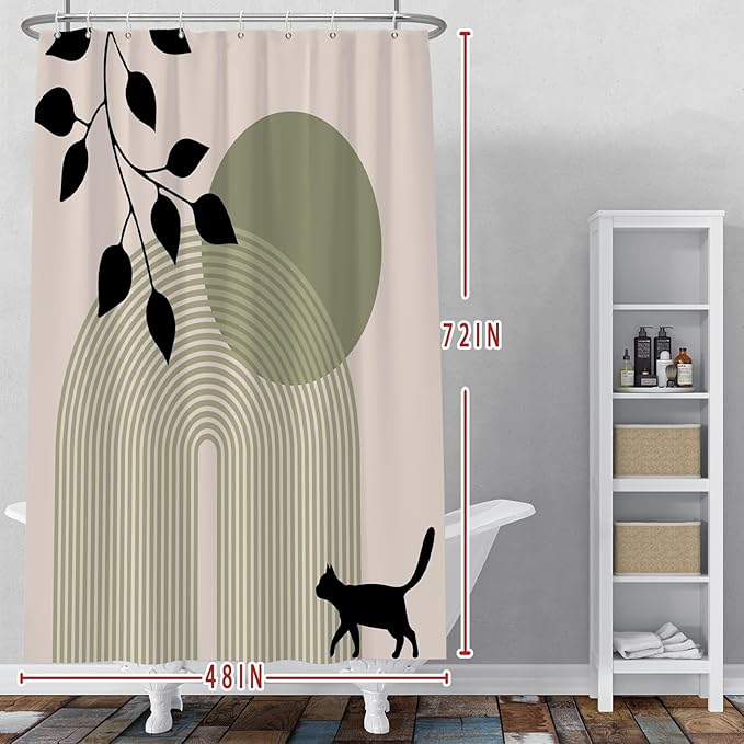 Baocicoo Minimalist Boho Shower Curtain Mid Century Silhouette Cat Botanical Shower Curtain for Bathroom Home Bathtub Living Room Decor Fabric Waterproof Curtain for Bathroom with Hooks 48x72 Inches