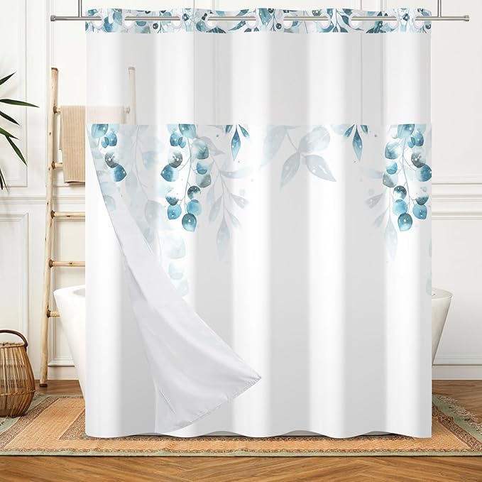 No Hook Shower Curtain with Snap in Fabric Liner Set Hotel Style Blue Eucalyptus Leaves Shower Curtain with Liner for Bathroom Washable 71x74 Inch