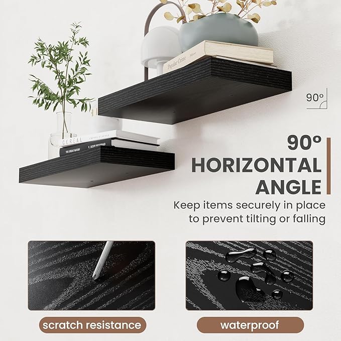 72 Inch Floating Shelves, 8 Inch Deep Floating Shelves for Wall, Hanging Shelf with Invisible Brackets, Deep Shelves for Bathroom, Bedroom, Living Room, Black, Set of 2