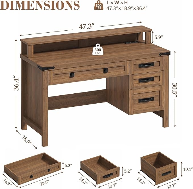 YOMILUVE Farmhouse Executive Desk with Drawers, 47" Computer Desk with Power Outlets, Home Office Desk with Monitor Stand & 4 Drawers, Small Desk Writing Study Table, Brown