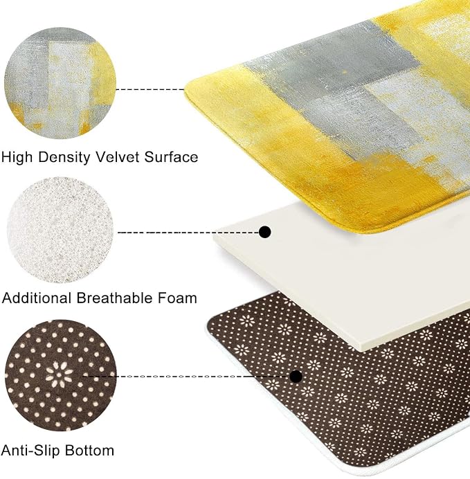 Britimes Bath Mat for Bathroom No Slip Yellow Gray Abstract Graffiti Geometric Floor Rug Carpets Floor Mat Decorations 18x30 inches for Kitchen Bathroom