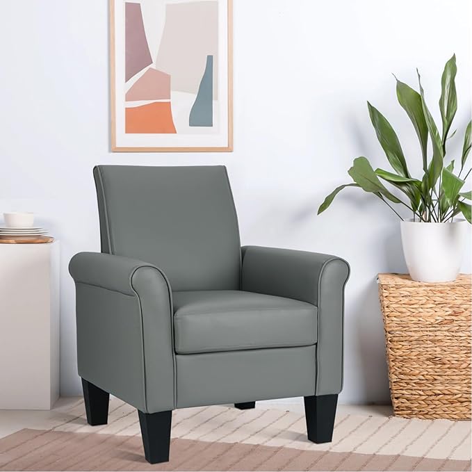 Mid-Century Modern Accent Chair, Overstuffed Leather Chairs for Living Room,Upholstered Comfy Club Chair Fake Faux Leather Armchair for Bedroom Apartment Office Lounge, PU Leather, Grey