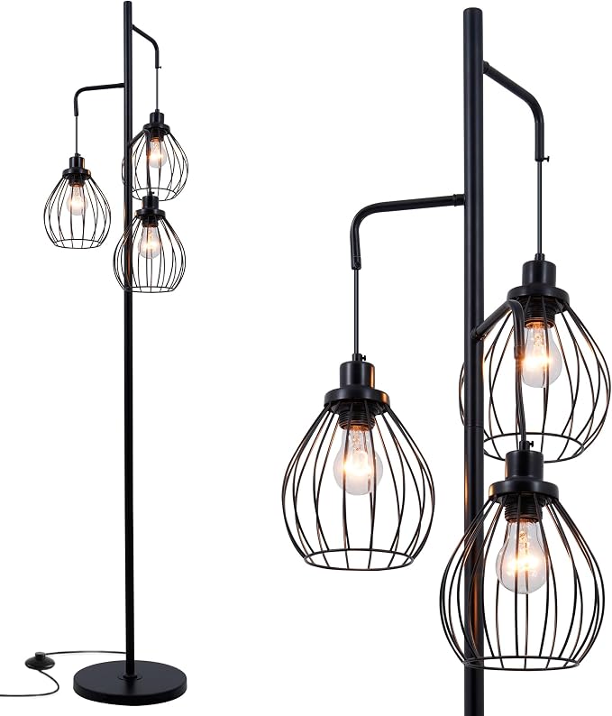 Industrial Floor Lamps for Living Room, 3 Lights Farmhouse Tree Floor Lamp, 70'' Tall Pole Standing Lamp with 3 Elegant Teardrop Cage Shades, Vintage Corner Reading Light for Bedroom Office