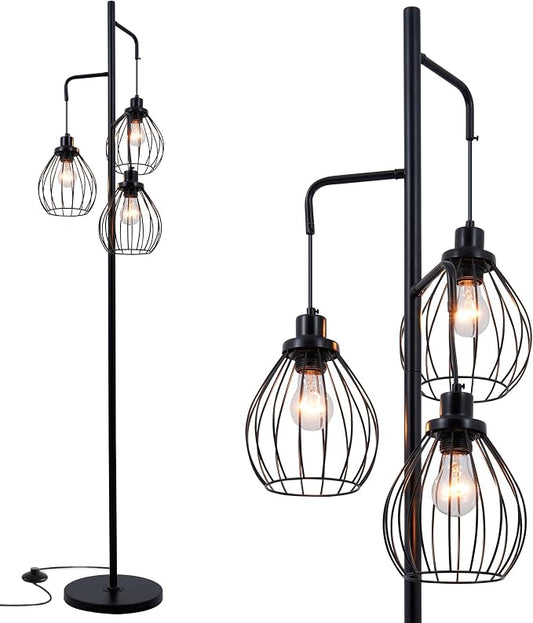 Industrial Floor Lamps for Living Room, 3 Lights Farmhouse Tree Floor Lamp, 70'' Tall Pole Standing Lamp with 3 Elegant Teardrop Cage Shades, Vintage Corner Reading Light for Bedroom Office