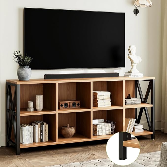 63" 8 Cube Horizontal Bookshelf Long Bookshelf Wood Cube Storage Organizer Rustic Wood Cubby Bookcase for Living Room Walnut