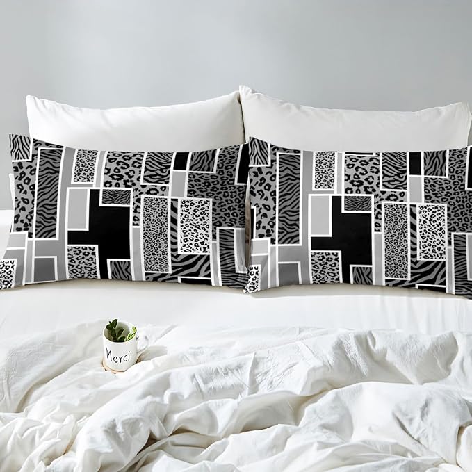 Erosebridal Leopard Print Duvet Cover King Cheetah Zebra Skin Print Bedding Set Black Grey Animals Fur Rustic Comforter Cover for Kids Teen Adults,Geometric Square Patchwork Bed Set