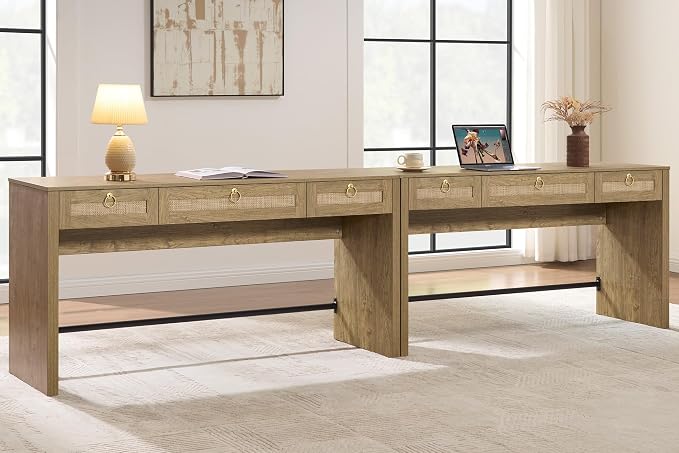 SICOTAS 60" Rattan Computer Desk Writing Table with Storage: Long Home Office Desk with 3 Drawers, Farmhouse Executive Desk Console Table Living Room, Office (Carbon Cherry, 2 Pieces)