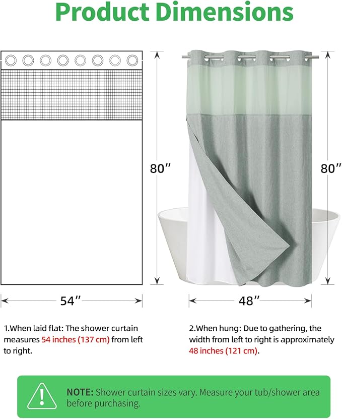Stall No Hooks Needed Linen Textured Shower Curtain with Snap-in Fabric Liner Set,Hotel Luxury Decor Farmhouse Shower Curtains for Bathroom,Waterproof & Washable,54Wx80H,Sage Green