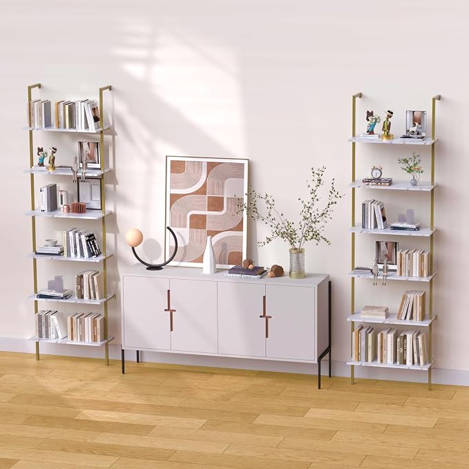 aboxoo Ladder Shelf 6-Tier Bookshelf,White Faux Marble Shelves Wall Mounted Bookshelf Open Storage Rack Display Shelf Plant Stand for Living Room Kitchen Home Office Bedroom
