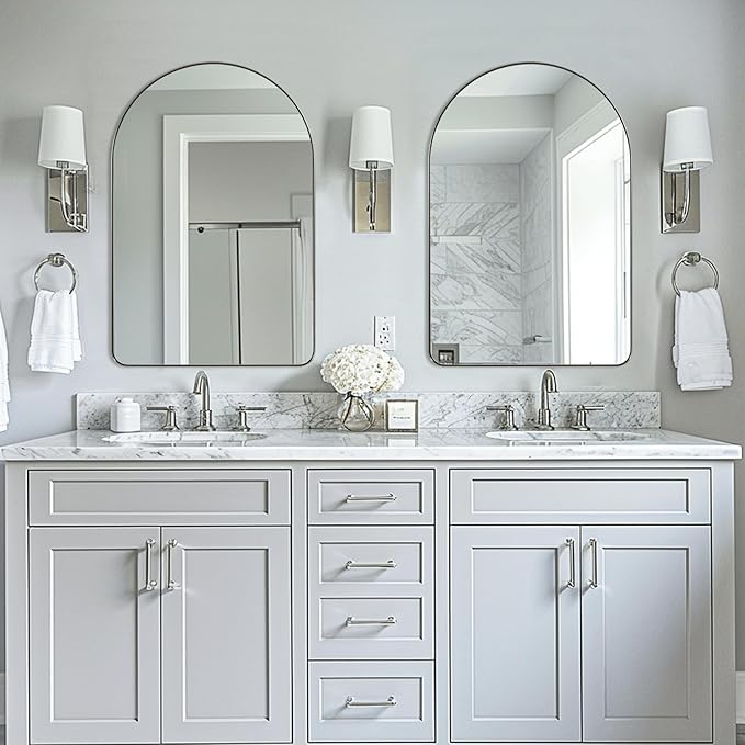 ANDY STAR Arched Mirror, 20 x 28 Inch Brushed Nickel Wall Mirror in Stainless Steel Metal Frame, Arch Top Rounded Corner 1 Inch Deep Set Design Wall Mount Hangs Vertical