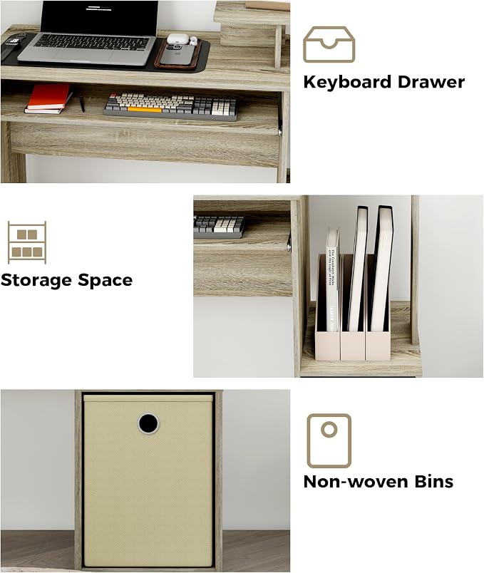 Small Computer Desk with Drawer, Writing Desk with Storage Shelves for Home Office Bedroom, Oak/Ivory