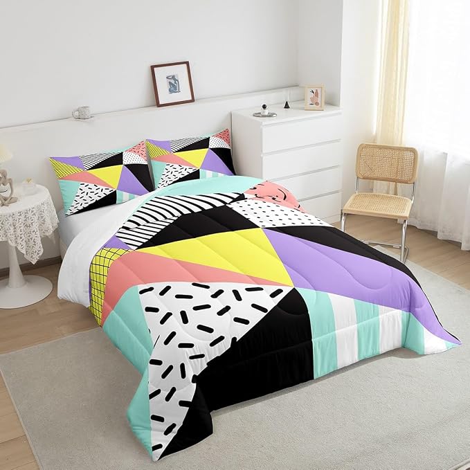 Manfei Memphis Comforter Set Twin Size, Geometric Triangle Pattern Quilt Set with 1 Pillowcase, Retro 80s 90s Fashion Style Bedding Set 2pcs for Kids Boys Girls Lightweight Duvet Insert