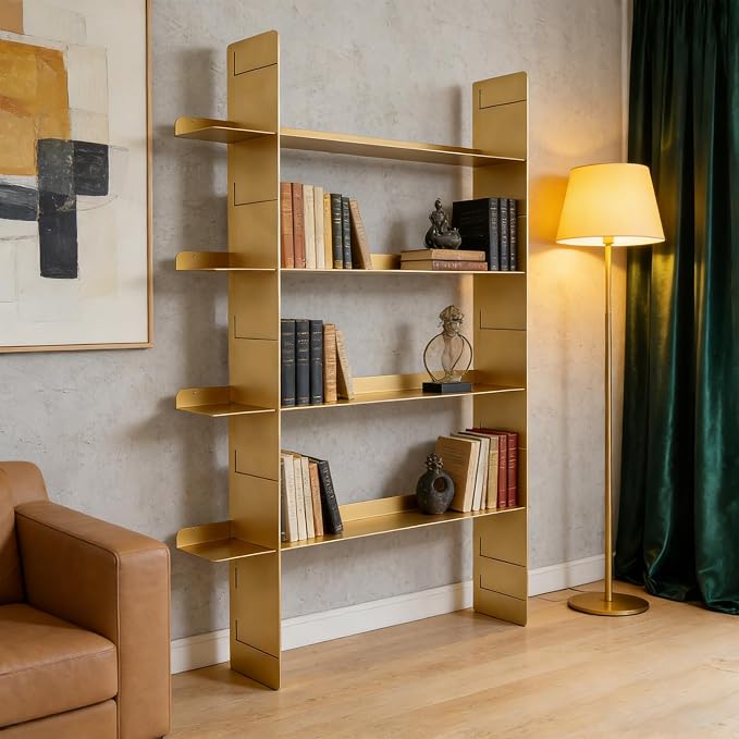 Metal Wall Mounted Floating Book Shelf, 4 Tier Storage Shelves, Easy Installation Display Shelf， 2 uprights+4 Shelves ，Storage Unit for Students, Housewives, and Collectors (Champagne Gold)