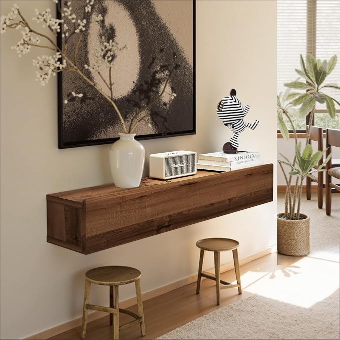 Floating Solid Wood Console Table, 39'' Wall Mounted Narrow Entryway Table with Storage Shelf, Modern Couch Shelves Small Entry Way Tables for Entryway, Front Hall, Hallway (Walnut, 39.37IN)