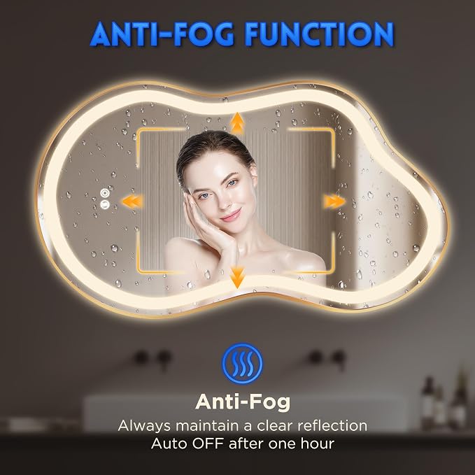 Irregular Led Backlit Bathroom Mirror -24"x36" Single Piece, Asymmetrical Cloud Lighted Vanity Mirror with Lights for Wall, Anit-Fog, Dimmable, Memory (Vertical/Horizontal)