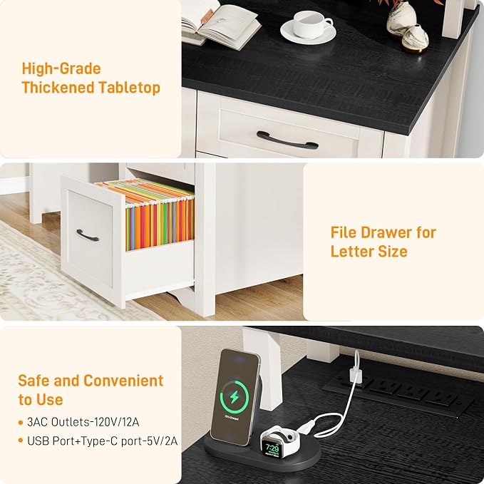 Vabches 47" Farmhouse Executive Desk with Monitor Stand & File Cabinet,3 Drawers Computer Desk with LED Lights and Power Outlets,Workstation for Home Office, Study,Writing,Black