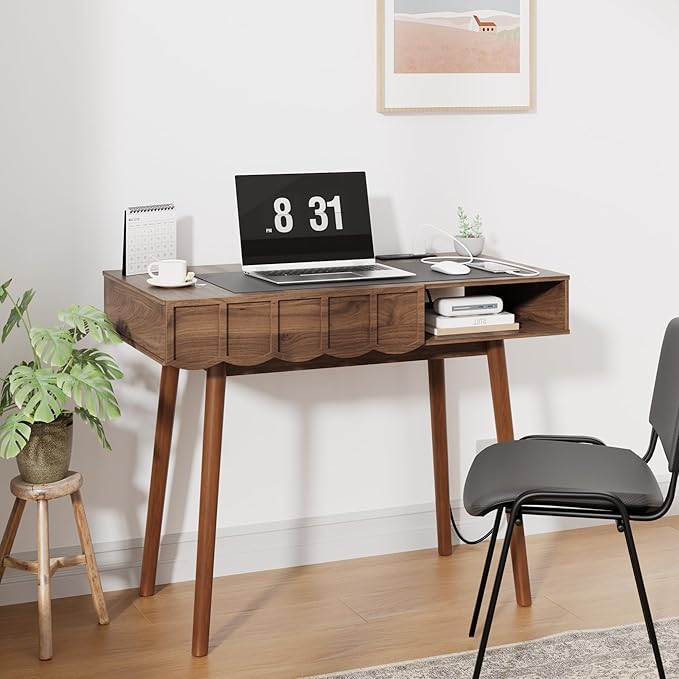 Mid-Century Modern Small Desk, 43" Walnut Writing Desk Computer Laptop Wooden Desks with Open Shelves & Drawer, Elegant Vanity Table Compact Home Office Desk for Study Bedroom Living Room