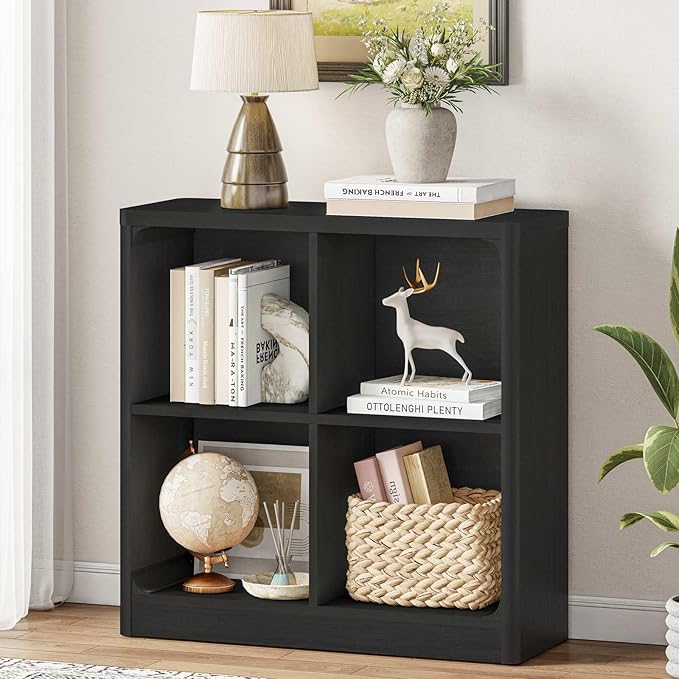 FATORRI 4 Cube Storage Bookcase, Rustic Wood Cube Bookcase Shelf Organizer, Small Storage Bookshelf for Living Room, Bedroom, Office (Black, 29.53" W)