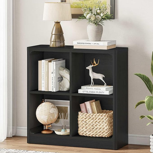 FATORRI 4 Cube Storage Bookcase, Rustic Wood Cube Bookcase Shelf Organizer, Small Storage Bookshelf for Living Room, Bedroom, Office (Black, 29.53" W)