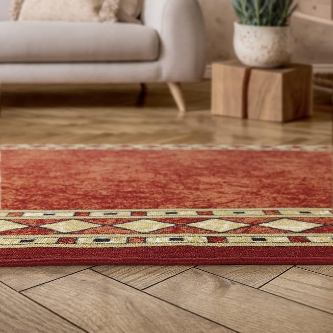Antep Rugs Alfombras Modern Bordered 5x7 Non-Skid (Non-Slip) Low Profile Pile Rubber Backing Indoor Area Rugs (Maroon Beige, 5' x 7' Oval)