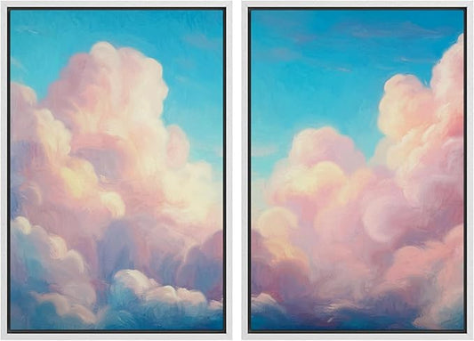 IDEA4WALL Framed Canvas Print Wall Art Set Pastel Sky Cloudscape Dreamy Pink and Blue Clouds Illustrations Modern Art Decorative Coastal Cottage Seascape for Bedroom - 24"x36"x2 WHITE