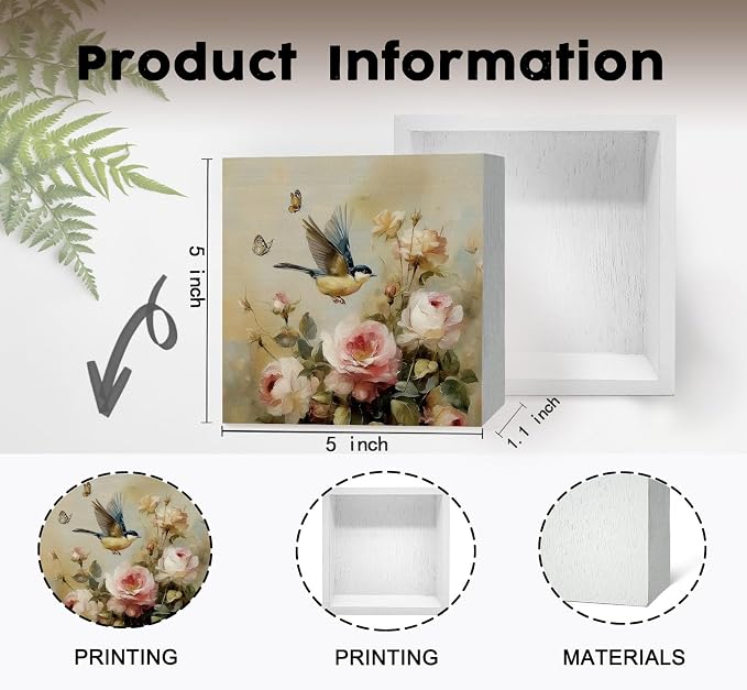 Vintage Floral Bird Decor Signs, Bird Gifts for Women Men Lover, Neutral Cottagecore Botanical Flower Wooden Box Sign for Home Bedroom Desk Table Shelf 5x5 Inch