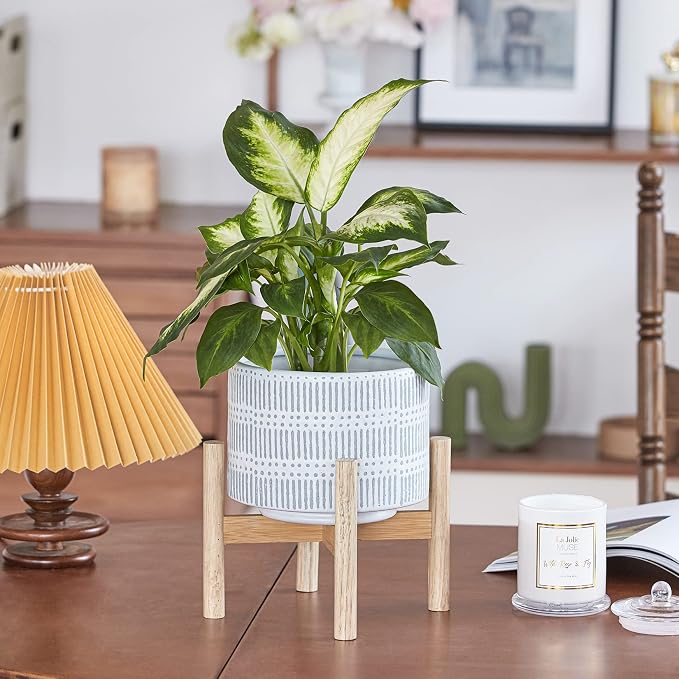 LA JOLIE MUSE Ceramic Plant Pot with Wood Stand - 7.3 Inch Modern Round Decorative Flower Pot Indoor with Wood Planter Holder, Slate Blue and White