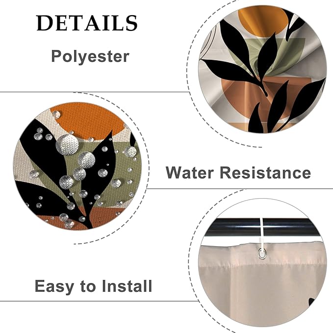 Baocicoo Boho Mid Century Shower Curtain Set Modern Minimalistic Leaves Shower Curtain for Bathroom Dormitory Bathtub Decor Durable Fabric Waterproof Curtain for Bathroom with Hooks 60x72 Inches