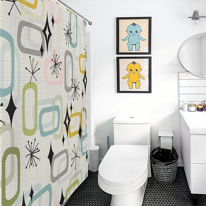 Vintage Mid Century Shower Curtains Retro Geometric Atom Square Pattern Design Washable Waterproof Fabric for Bathroom Decor Bathtub with 12 Hooks 72x72in (183x183cm)