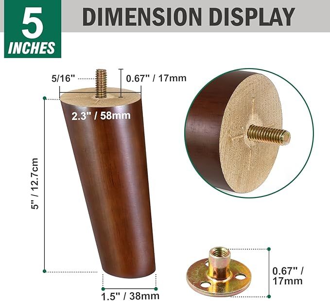 FoDau770 Brown Rubber Wood Furniture Legs 5 Inches, Slant Tapered Wood Feet Mid Century Sofa Legs Set of 4, 5/16" UNC Furniture Feet Replacement Parts for Cabinet Couch Dresser Chair Ottoman Table