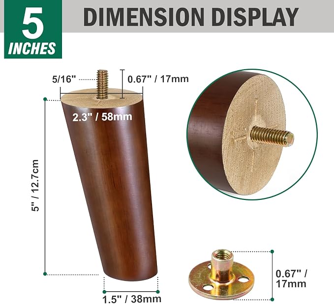 FoDau770 Brown Rubber Wood Furniture Legs 5 Inches, Slant Tapered Wood Feet Mid Century Sofa Legs Set of 4, 5/16" UNC Furniture Feet Replacement Parts for Cabinet Couch Dresser Chair Ottoman Table