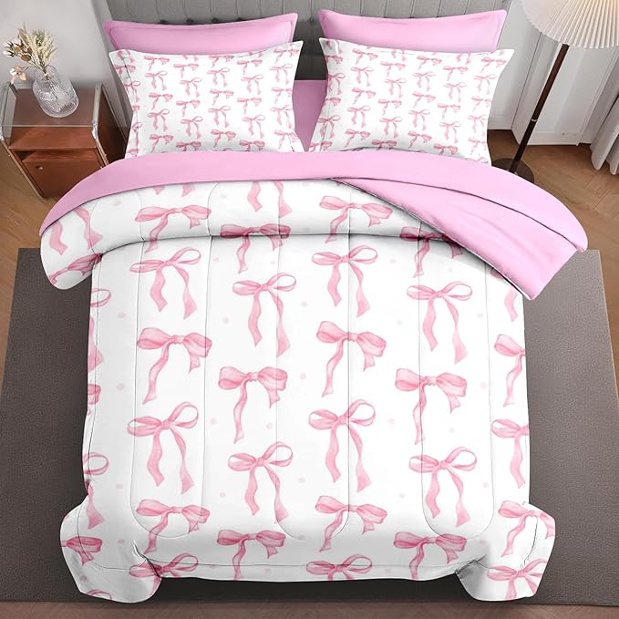 7Pcs Comforter Set King Size, Cute Coquette Pink Bow Bowknot, Bedding Decor Sweet Themed Elegant Girly Baby Bedroom Bed Set Flat Sheet Fitted Sheet Pillowcases Shams for Kids Adults