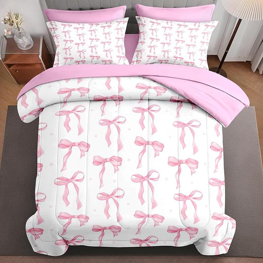 7Pcs Comforter Set King Size, Cute Coquette Pink Bow Bowknot, Bedding Decor Sweet Themed Elegant Girly Baby Bedroom Bed Set Flat Sheet Fitted Sheet Pillowcases Shams for Kids Adults