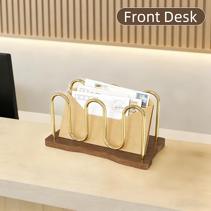 Metal Mail Organizer for Desk, Letter Holder Countertop with Wood Base Envelope Storge Paper Sorter for Bills Invoices (Walnut)